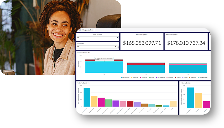 Woman smiling with software showing graph